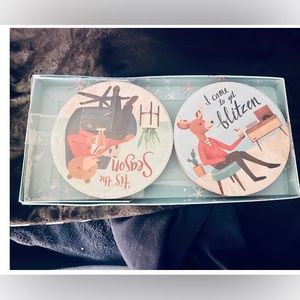 Molly & Rex Christmas Coaster Reindeer Bear Fox Cat Set 8 Round, NEW Sealed Box